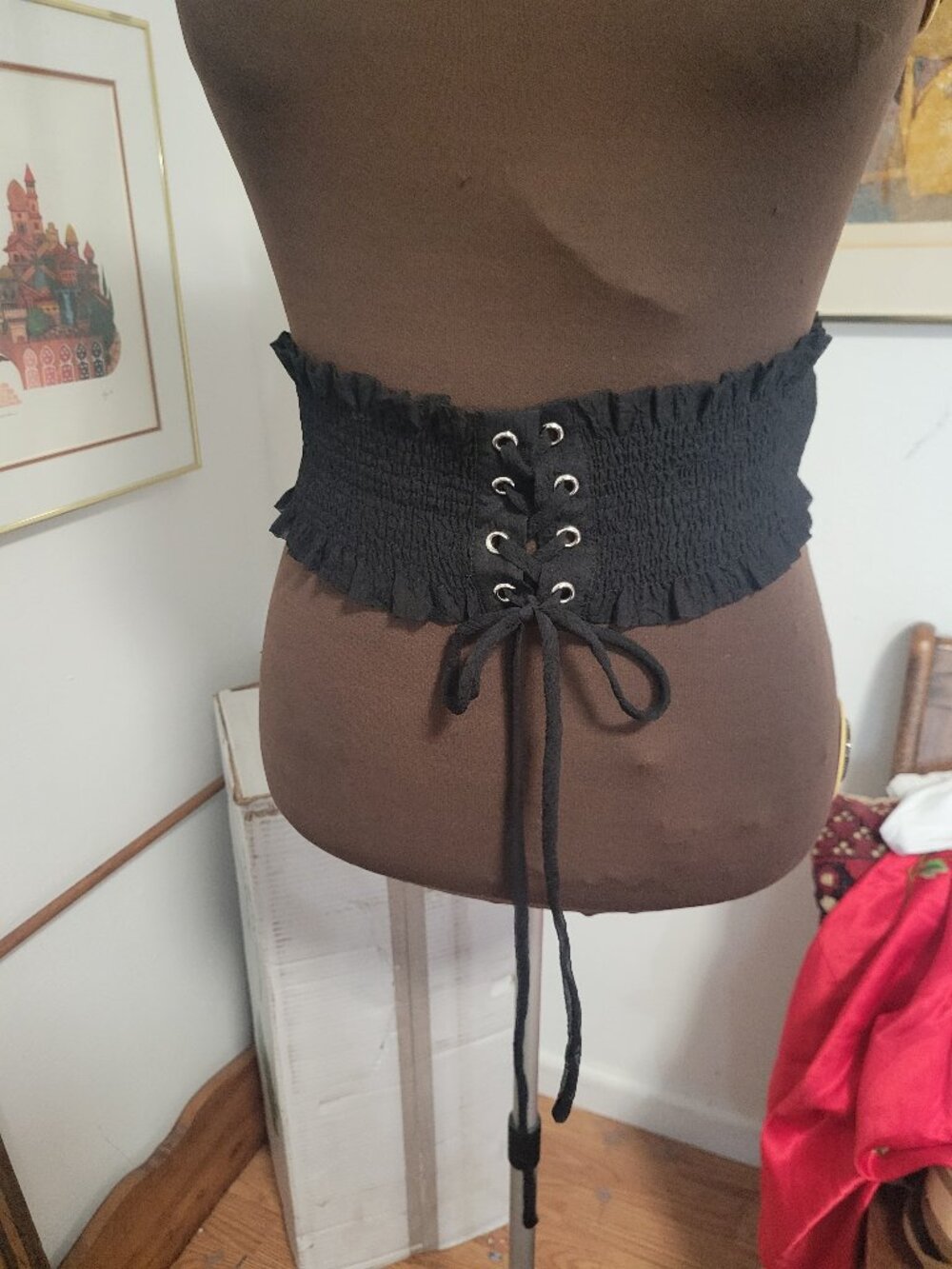 Black Lightweight Fabric Ruffled Belt-gypsy/Renaissance Style up belt Ruffled an
